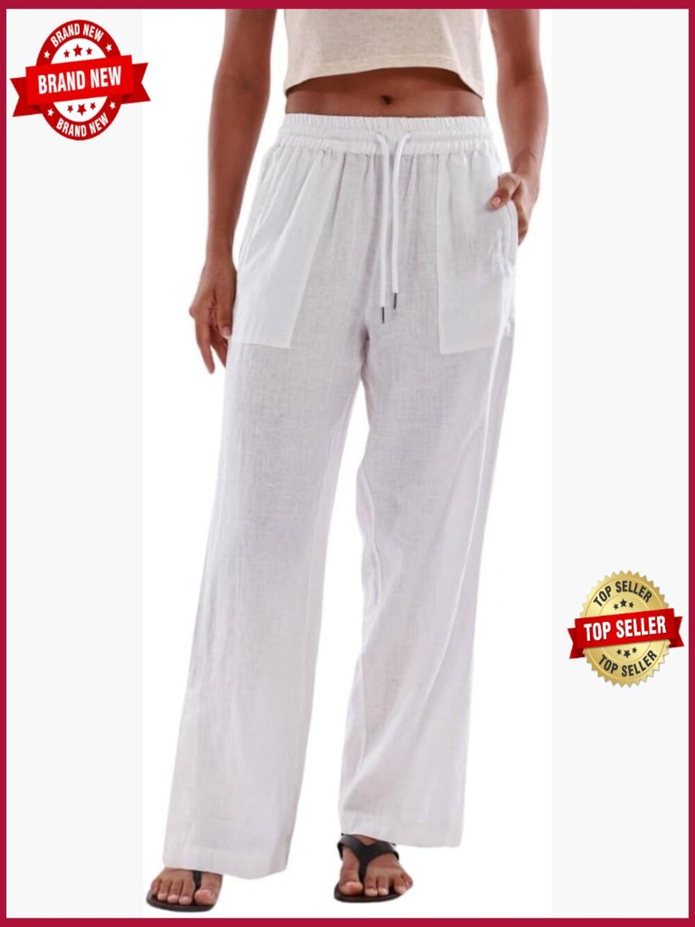 Wide Leg Linen Lounge Pants with Pockets Side Slit Drawstring